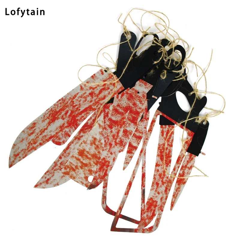 

2025 Halloween couteau à sang en plastique outils ensembles horreur effrayant maison hantée couteau suspendu guirlande bannière