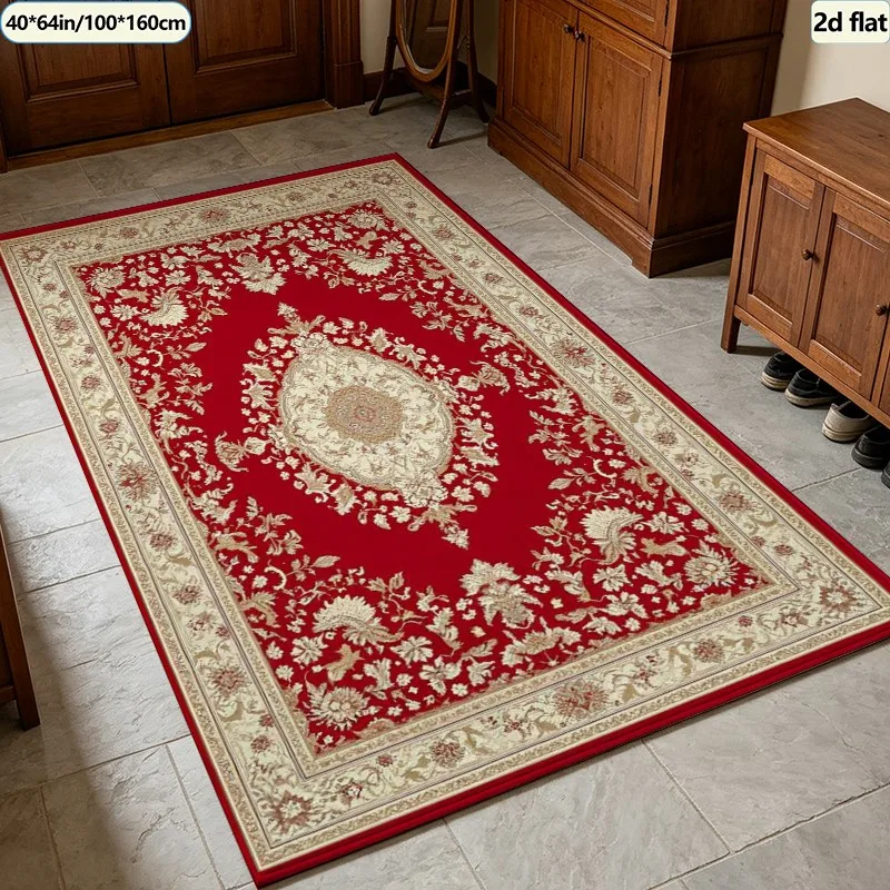 Luxury Red Cream Persian Floral Medallion Carpet Flooring Square Area Rug Non‑Slip Washable Floor Carpet for Hall Living Room Home Decoration