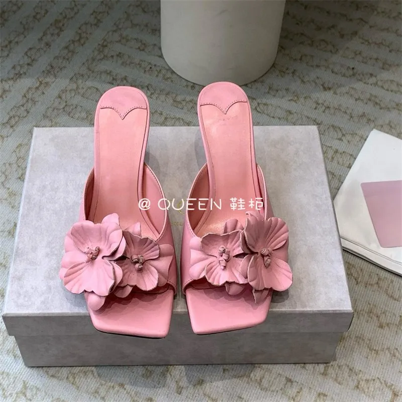 Open Toe Flower Mules Square Toe High Heels Fashion Women Summer Slip On Casual Sandals Beach Office Lady Dress Party Shoes