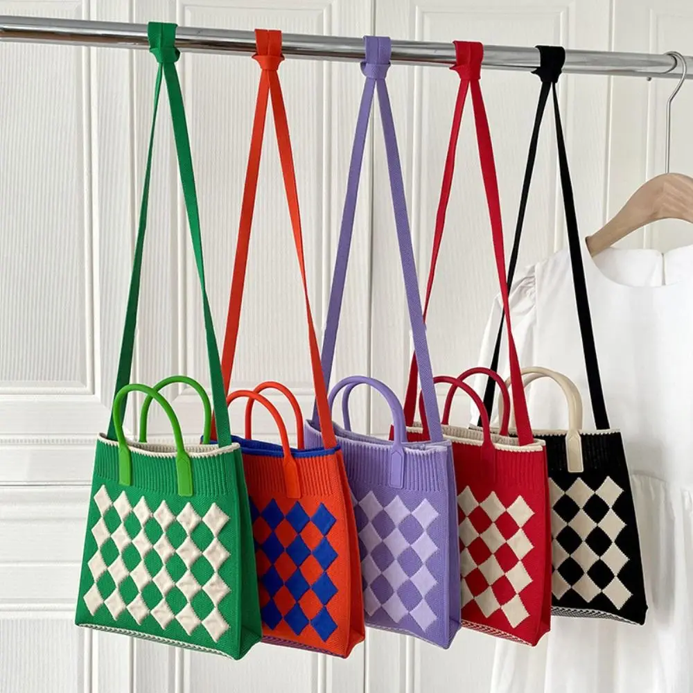Candy Color Knitted Mini Mobile Phone Bag Rhombic Design Woven Small Shopper Handbag Shoulder Crossbody Bag For Women