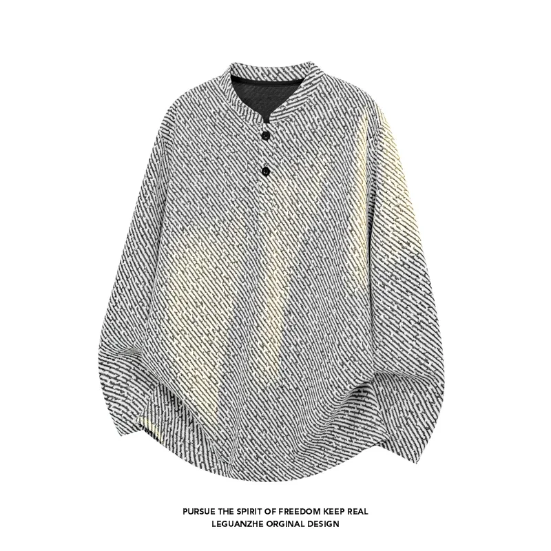 Men Diagonal Stripe Jacquard Long Sleeve Shirt Mandarin Collar Two Button Placket Loose Fit Casual Pullover Top
