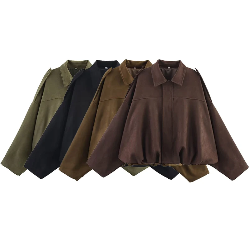 

Willshela Women Fashion Solid Front Zipper Bomber Jackets Vintage Lapel Neck Long Sleeves Female Chic Lady Outfits