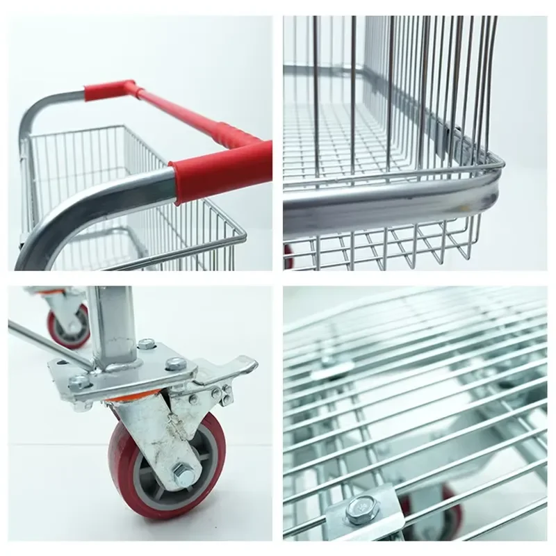 Durable Large Mesh Basket Warehouse Sorting Supermarket Shopping Trolley with PU Wheels