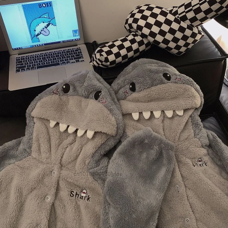 Winter Cartoon Fashion Pajamas Plush Warm Thicked Couples Home Clothes Women Shark Hooded Pajama Sets Funny Trendy Pyjama Outfit