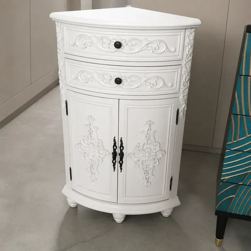 Retro Ivory White Corner Cabinet Triangular Storage Locker with Carved Details for Living Room Side Table Fully Assembled