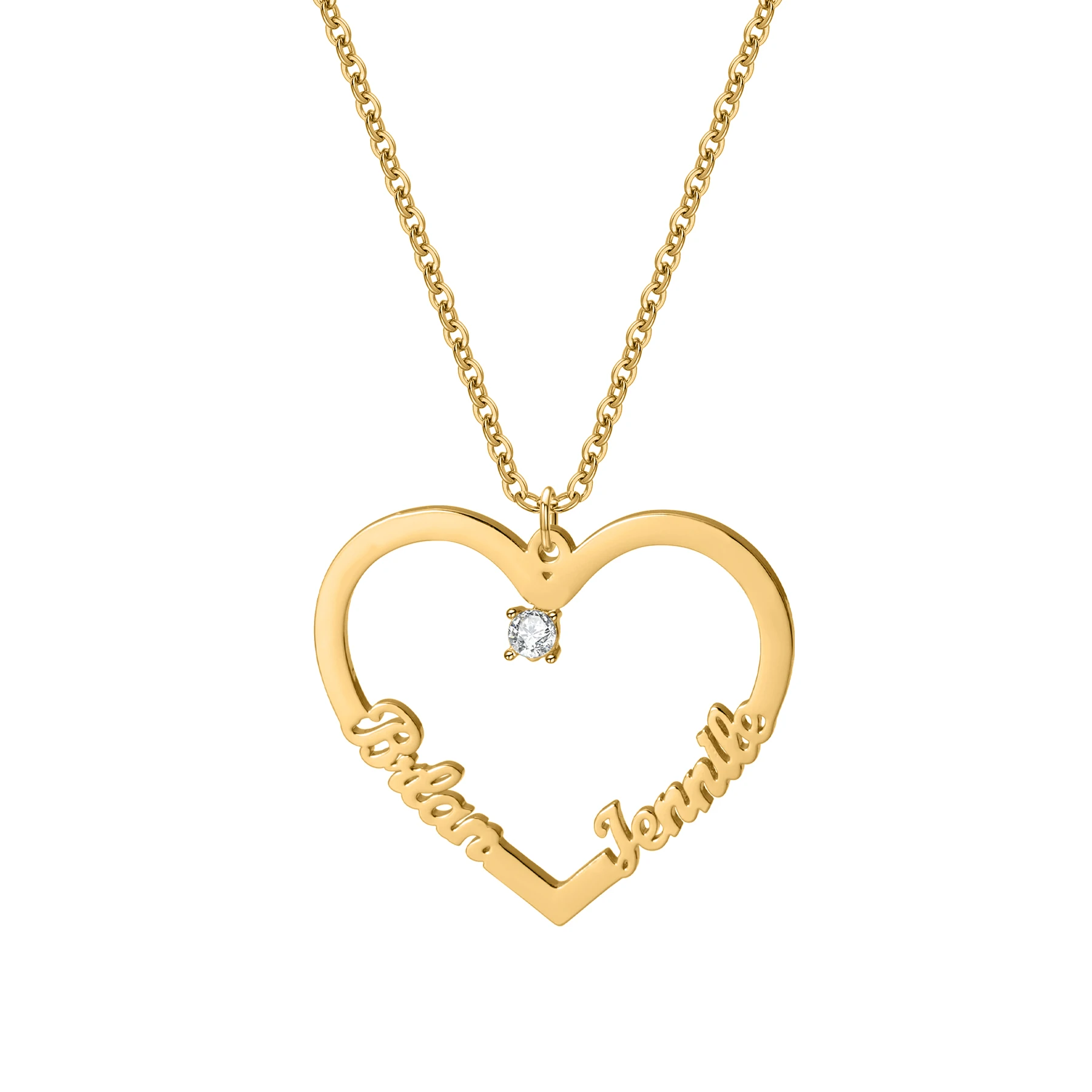 

Персонализированное ожерелье в форме сердца, две имена, выгравированные на полом кулоне в форме сердца с центральным камнем циркона, романтический подарок для пар, любовь