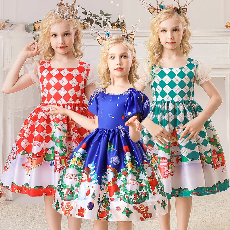 

2022 New Christmas Style Girls Dress Santa Claus Pattern Party Dress For Kids Child Children Birthday Present Clothes