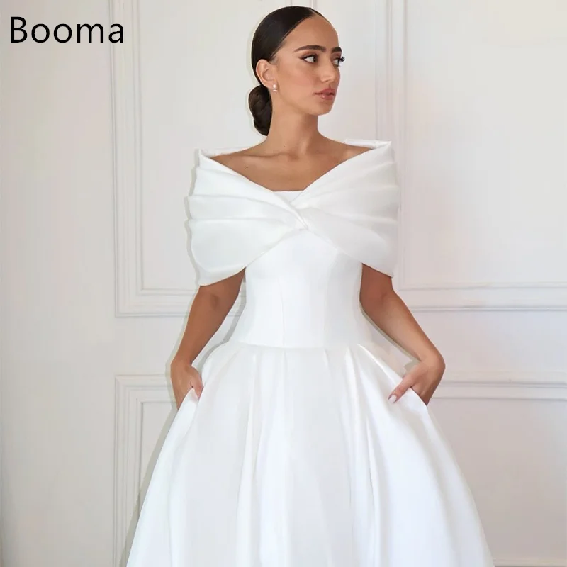 

Booma A-Line Off The Shoulder Pleat Satin Simple Wedding Dresses Long Sleeveless Brides Gown Custom Made 2025