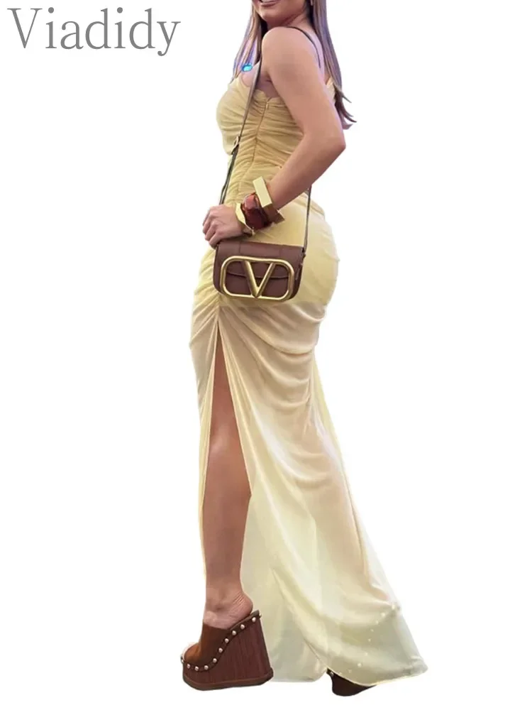 Women's Sexy See Through Sheer Mesh One Shoulder Sleeveless Hollow Out Ruched Side Slit Maxi Dress