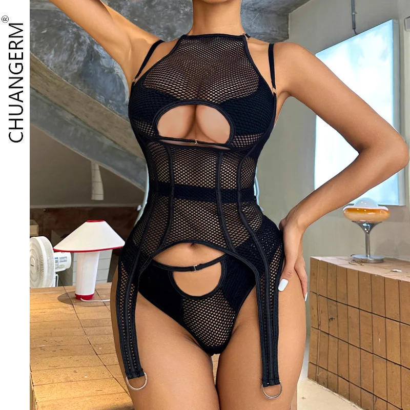 

CHUANGERM Onlyfans Body Suit Sexy Hot Bra Grid Splicing Erotic Sexy Halter Neck Underwear Lingerie Hollow Panties Women's Set