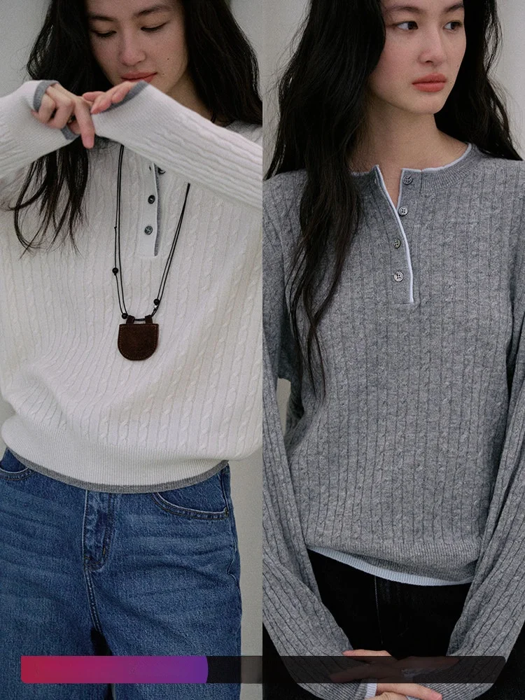 

JicoutureI00 Women's Wool Knitted Sweater Long Sve f Open Collar Overhead Sle Casual Wear Autumn Base Layer irt