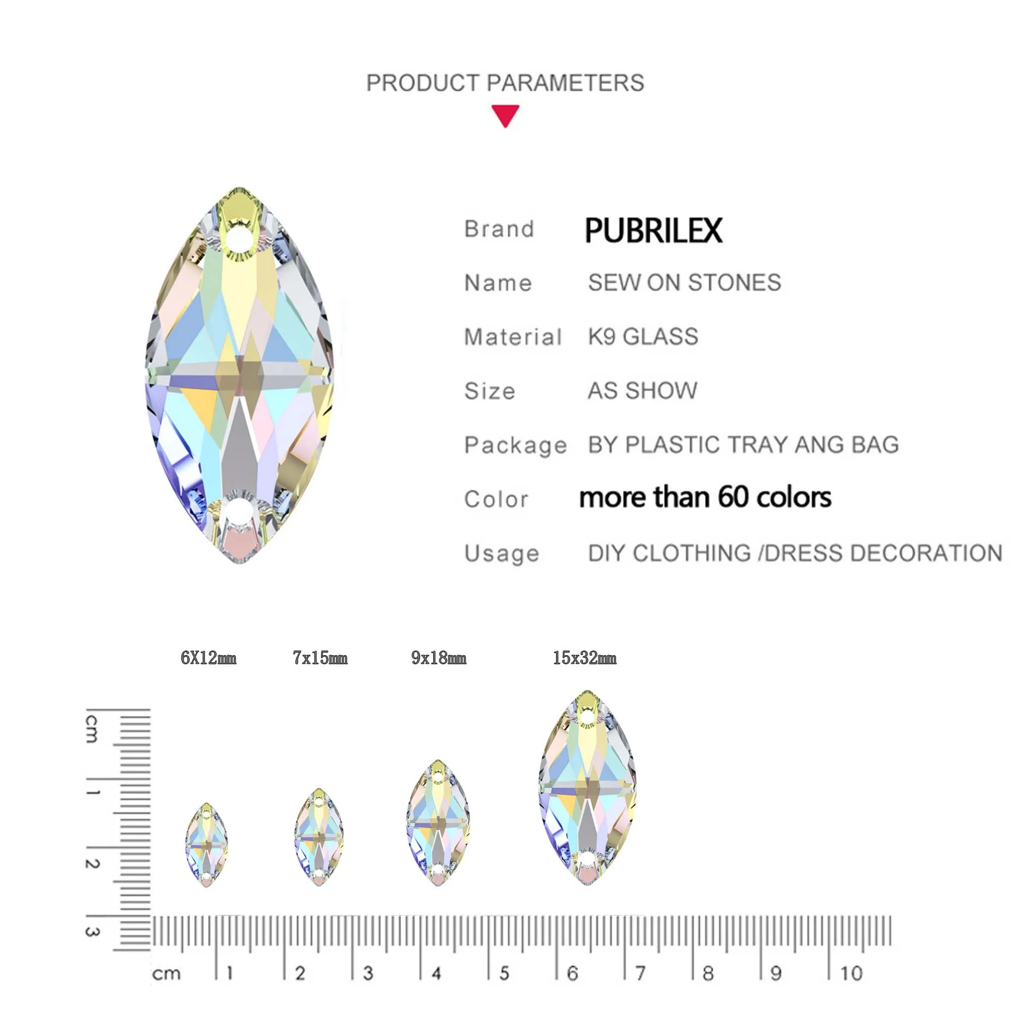 Pubrilex Navette Shape Sew On Rhinestones Glass Glitter Chamfered Strass for Figure Skating Gym Suit Garment Needlework Dress