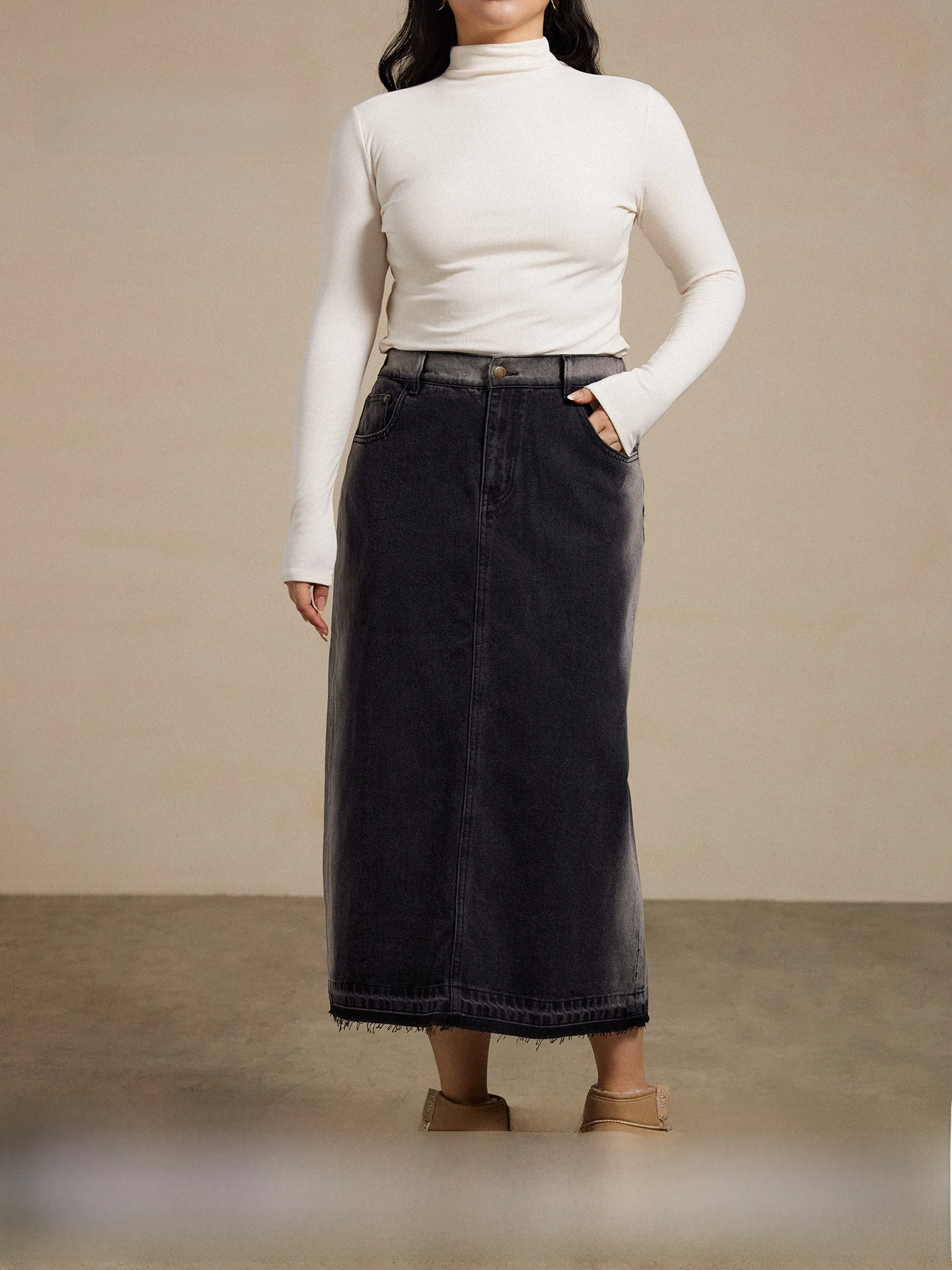 

Утягивающая джинсовая юбка с высокой талией, выцветшая в американском стиле ретро юбка f-длины, длинная юбка из смеси хлопка в середине мельбурна