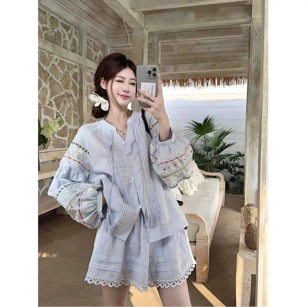 

Women Floral Embroidery Blouse High Waist Skirt Set Lantern Sleeve V Neck Casual Spring Summer Outfit Boho 2PCS Outfit Chic