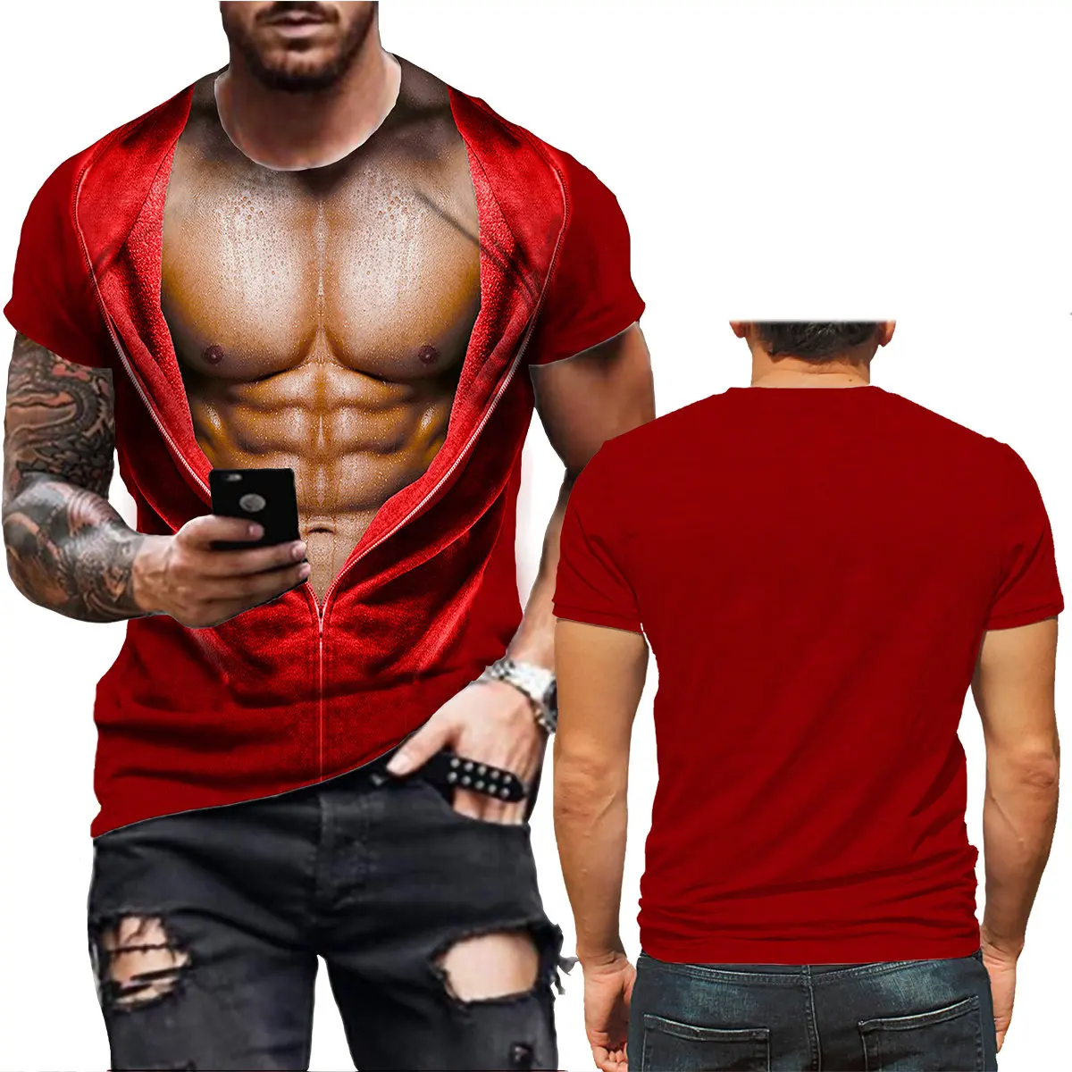 

2022 summer 3d printing fake muscle funny men's T-shirt retro fashion Harajuku O-neck personality casual loose