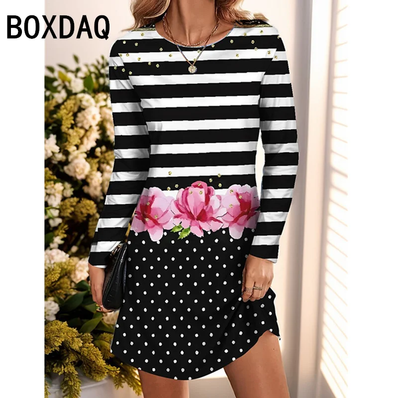 Women Vintage 3D Rose Floral Stripe Print Dress O-Neck Long Sleeve Casual A-Line Dress S-3XL Big Size Autumn New Dress Vestidos