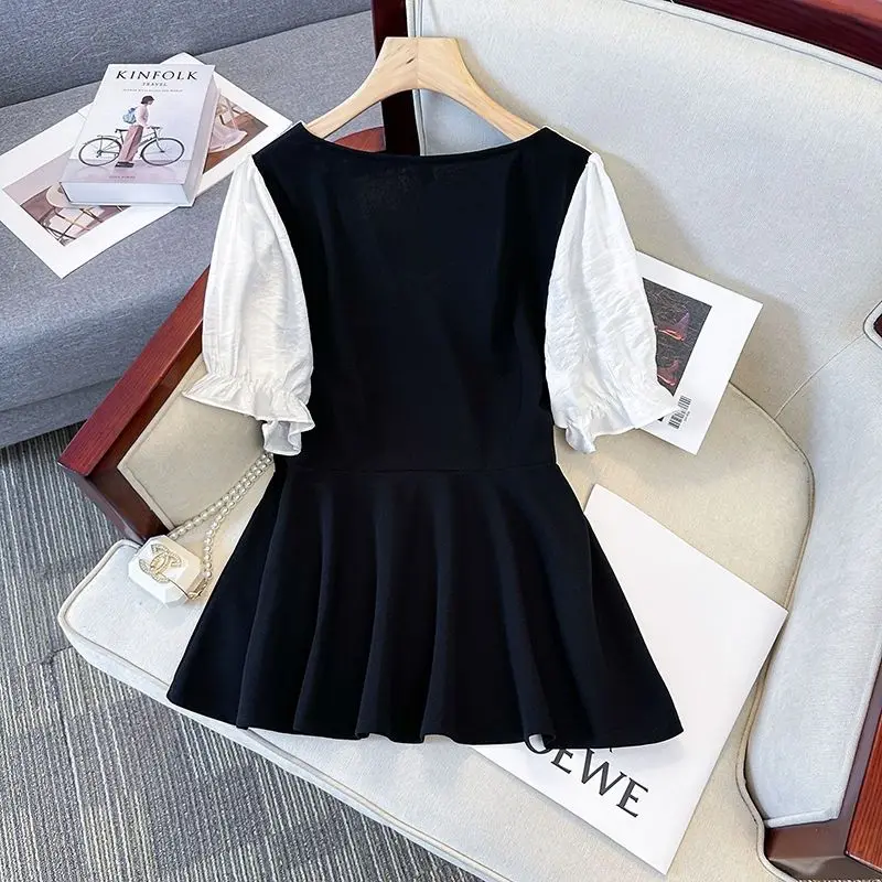 Women Contrast Color Patchwork Ruffle Elegant Blouse Summer Korean Fashion V Neck Short Sleeve Shirt Slim Chic Beaded Tops Blusa