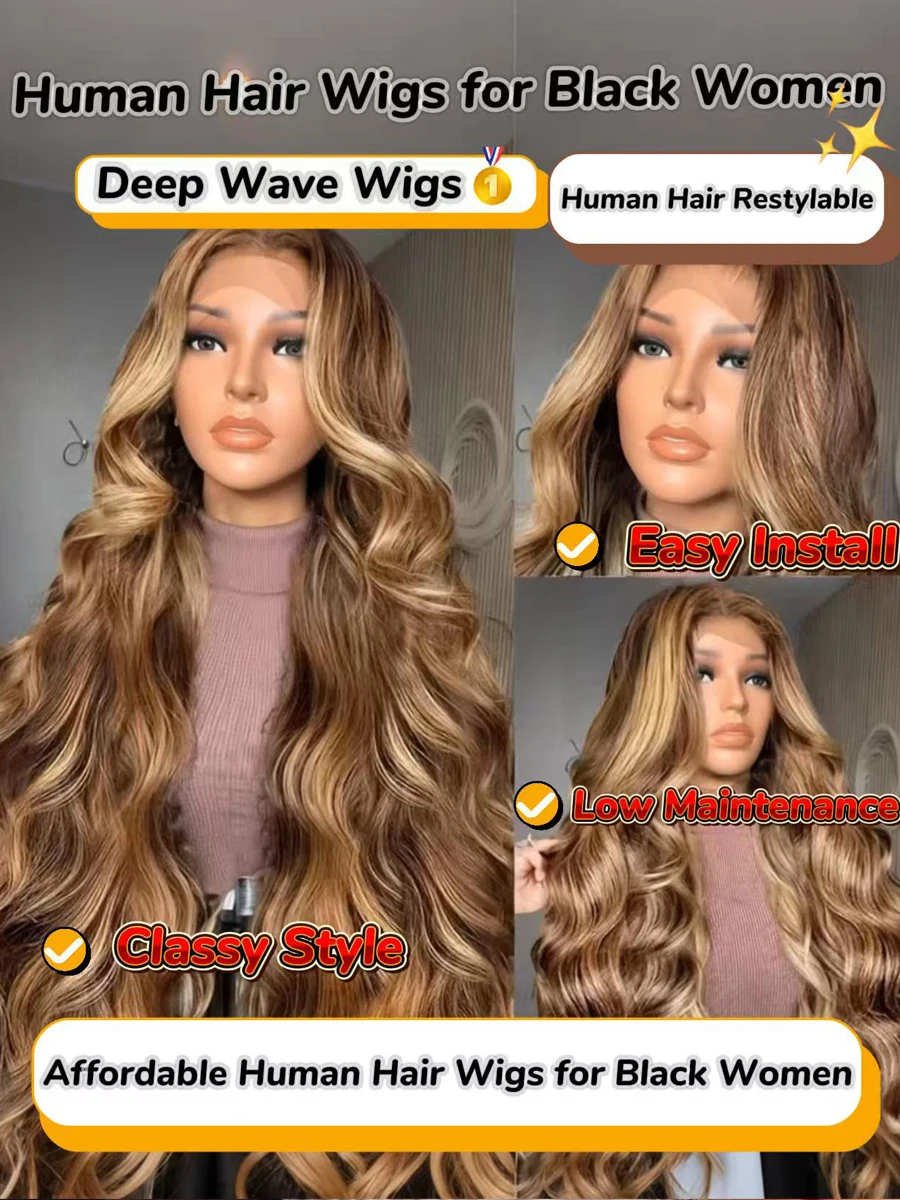 

P427 Highlight Human Hair With Baby Hair Natural Hairline 13x4 Lace Frontal Body Wave 200 Density Brazilian Ombre Blonde Wig