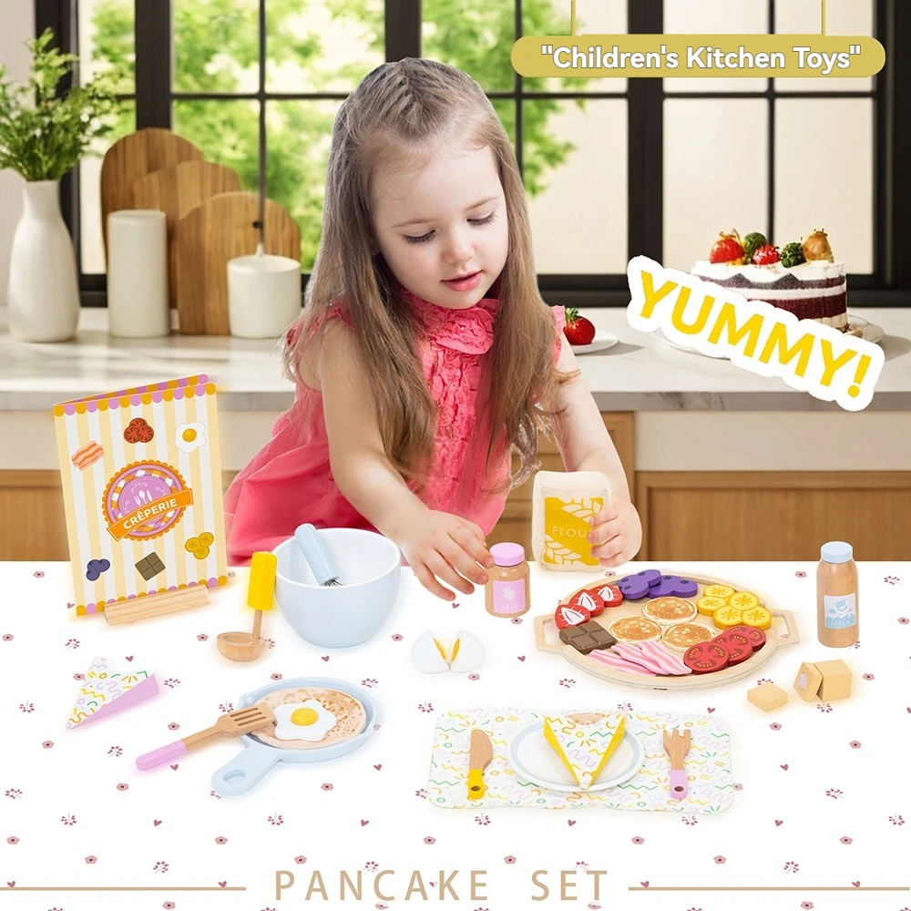 Juego de panqueques para niños, juguete de simulación de panqueques de madera, juguete para niños, cocina, juego de simulación, cocina de comida, juguetes de cocina