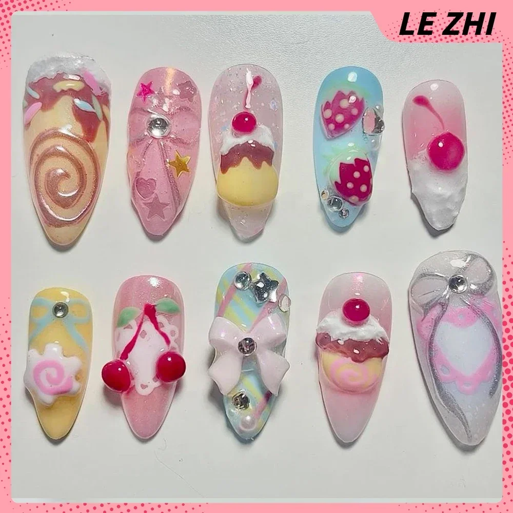 Kawaii 3D Bear Handmande Press On Fake Nails Sticker Coffee Pink Cream Style Almonds Customizable Party Cartoon Nail Sticker