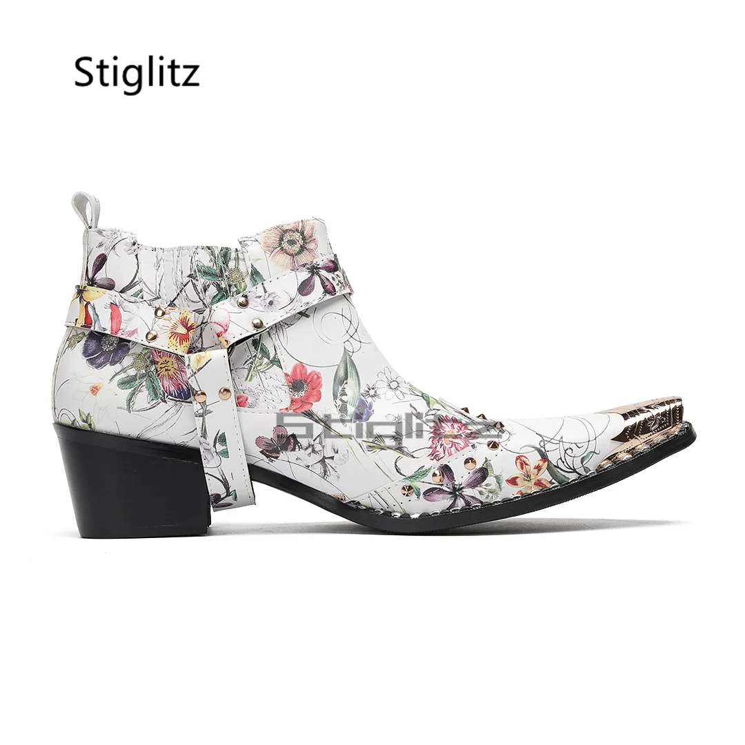 Prints Graffiti Men's Boots Metal Pointed Toe Genuine Leather Chelsea Boots Rivet Ankle Boots Spring Autumn Business Shoes