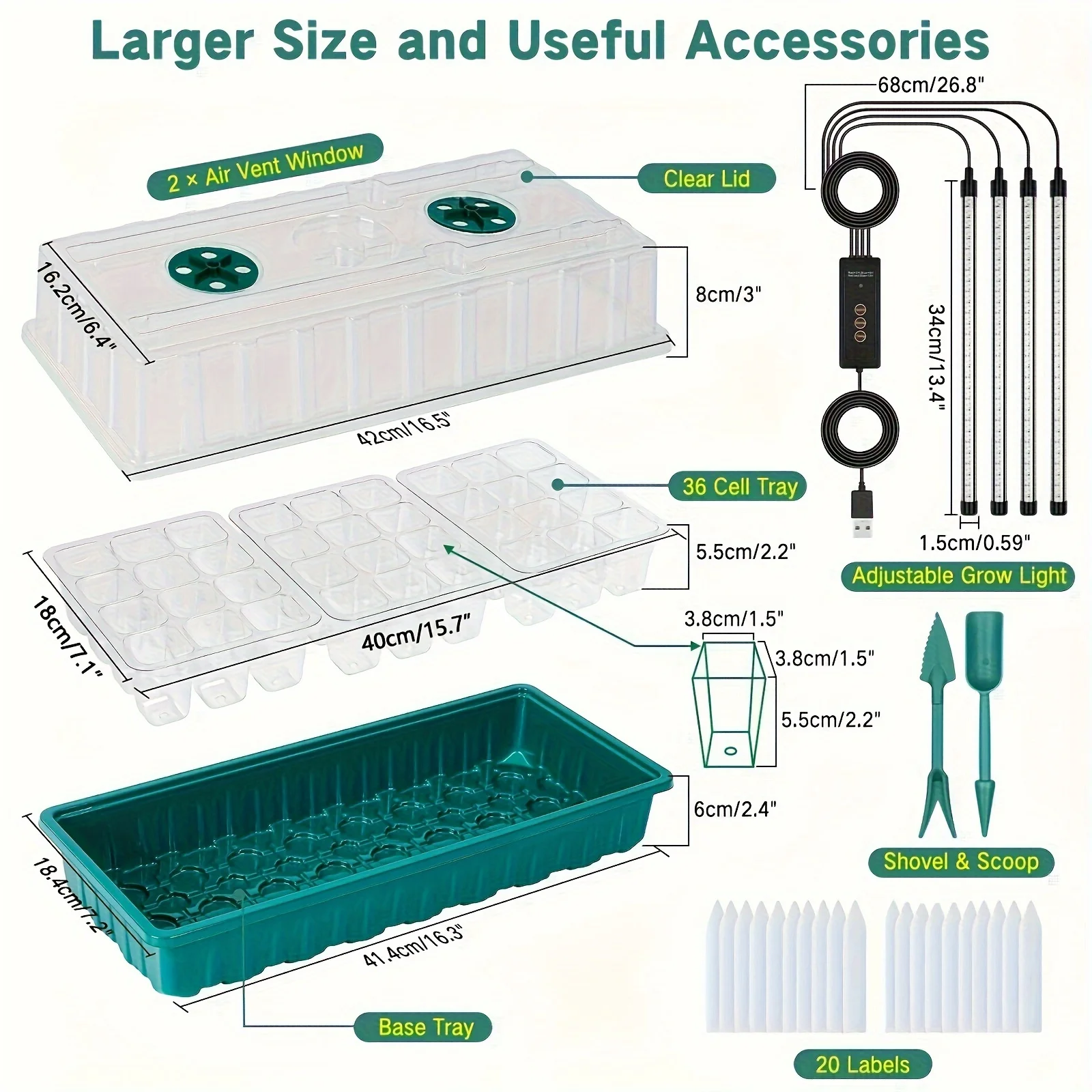 72-Cell Seed Starter Tray W/ Grow Light, 2 Germination Kits, Humidity Dome, Tall Lid, 4 LED Strips, Smart Timer 3 for Indoor