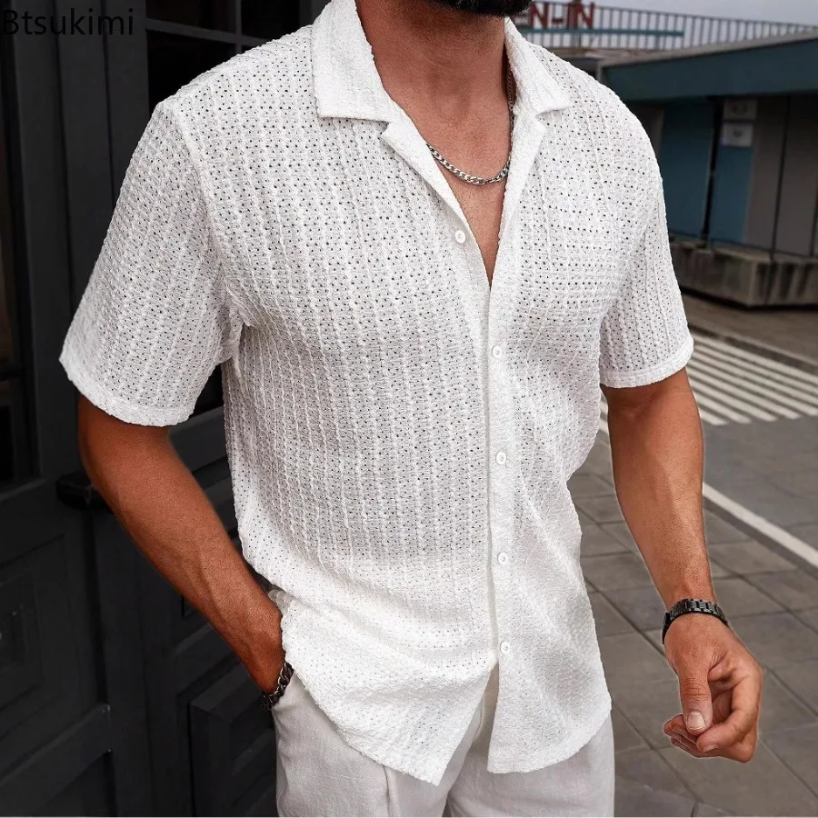 New Men's Casual Striped Shirt Lapel Solid Color Tops Casual Breathable Hollow Out Shirt Daily Leisure Short Sleeve Mesh Shirts