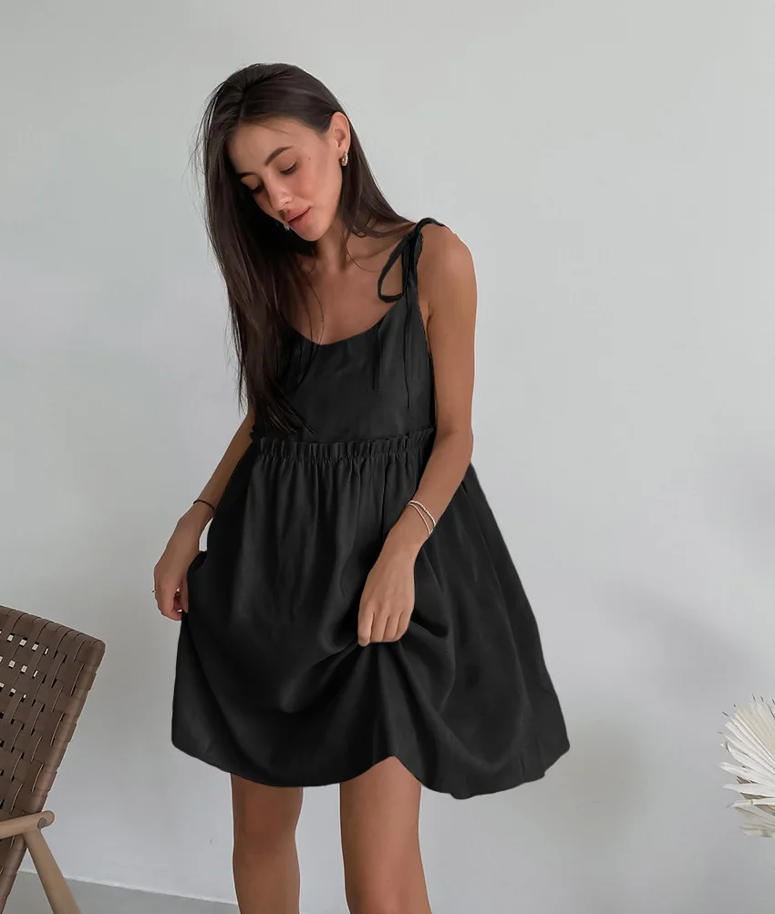 2024 New Fashion Sexy Dress Women Hanging Lace up Strap Dress Casual Pullover Loose Cotton Linen A-line Mini Dress Cute Dress