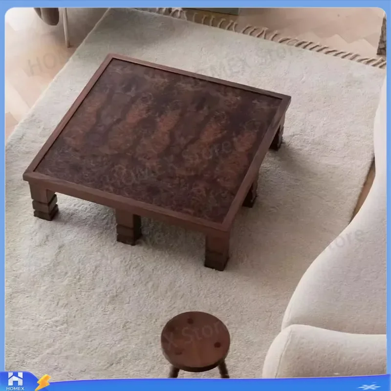 Retro Wabi Sabi Solid Wood Coffee Table Natural Bark Edge Living Room Side Table Set Luxury Designer Small Round Tea Table