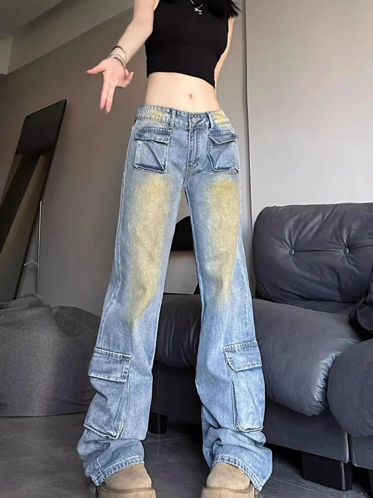 Gradient Pocket Straight Leg Jeans Fashion Streetwear Women's Casual Vaqueros Straight Wide Leg Vintage Loose Denim Pants