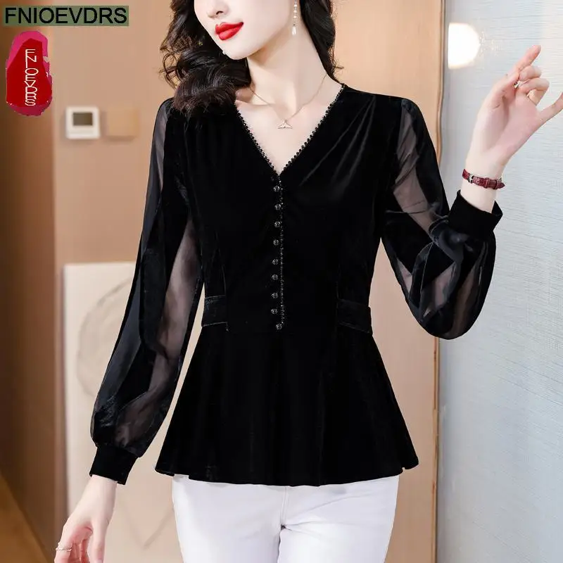 S-3XL Black Velvet Top Women Autumn Winter French Design Elegant Office Lady Work Button Shirt Casual Slim Retro Peplum Blouses