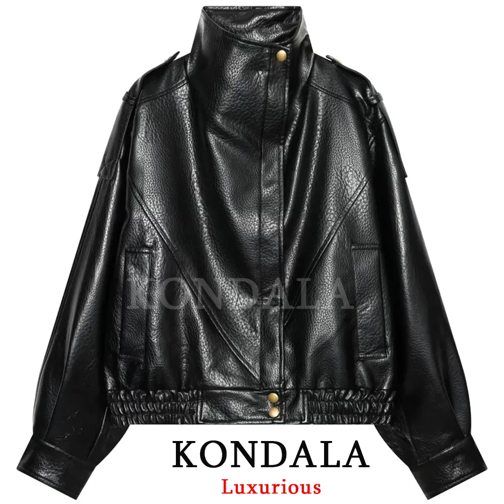 KONDALA Holiday Casual Chic Women Jacket Leaher Stand Collar Zipper Pockets Long Sleeve Jacket Fashion 2026 Autumn Winter Jacket