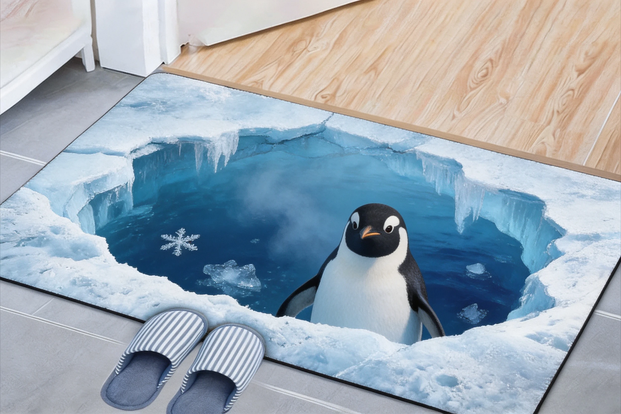 Winter Theme Area Rug 2D Illusion Penguin Antarctic Ice Hole Snowflake Icy Ocean Graphic Cute Arctic Wildlife Art Design Rug