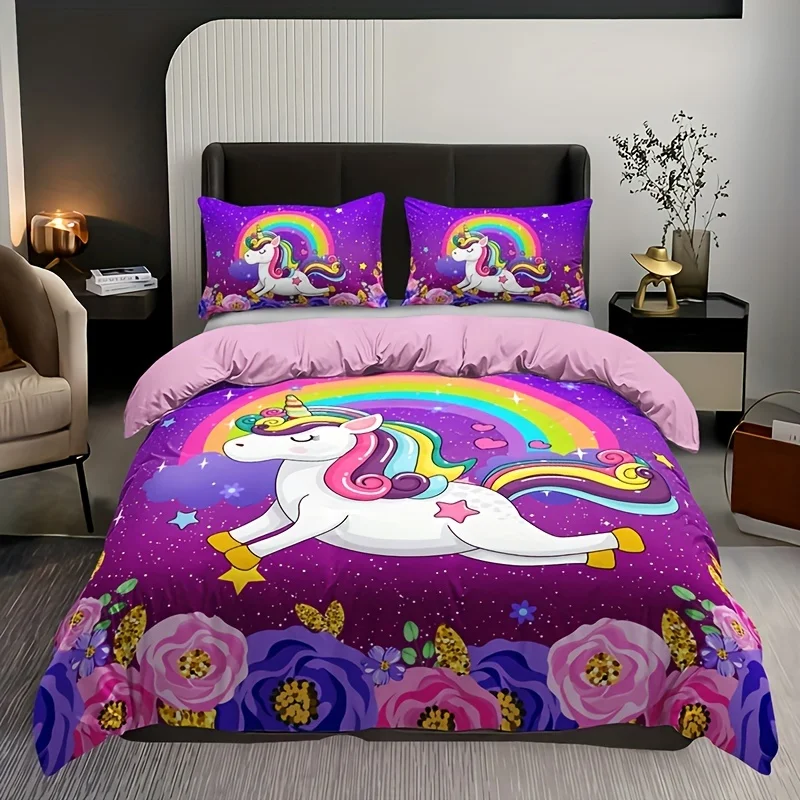 3pcs Soft and Comfortable Unicorn Print Duvet Cover Set for Bedroom and Guest Room - Includes 1 Duvet Cover and 2 Pillowcase