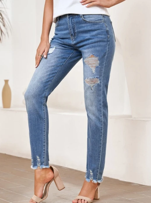 Trendy and Versatile Slim Fit Denim Jeans for Women's Fashion, Distressed and Distressed Design, Washed and Frayed Long Pants