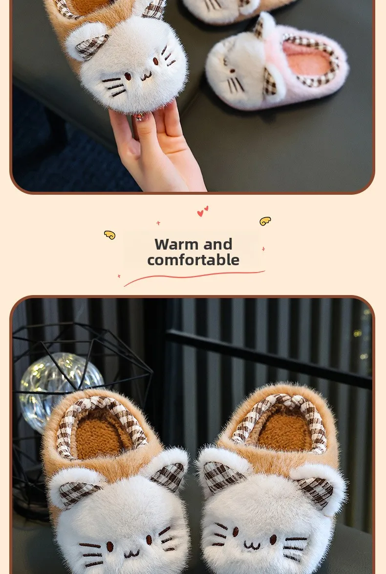Niedliche Katzen-Plüsch-Hausschuhe für Kinder, Mädchen und Jungen, warme, flauschige Hausschuhe, Cartoon-Tier-Hausschuhe, weiche, dicke PVC-Hausschuhe. – Detail 12