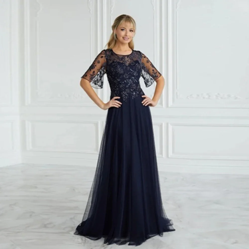 

Gorgeous Beading Evening Dresses Short Sleeves A-Line Party Dress Elegant O-Neck Sweep Train Prom Gowns Vestidos