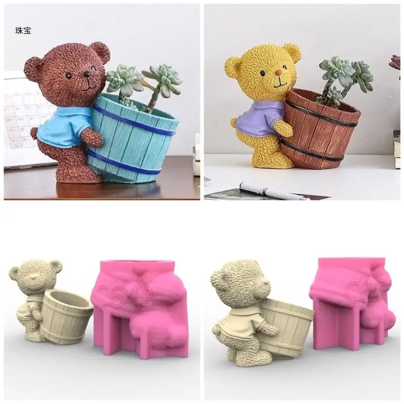 X5QE Succulent Flower Pots Mold Cartoon Bear Pen Holder Silicone Mould DIY Concrete