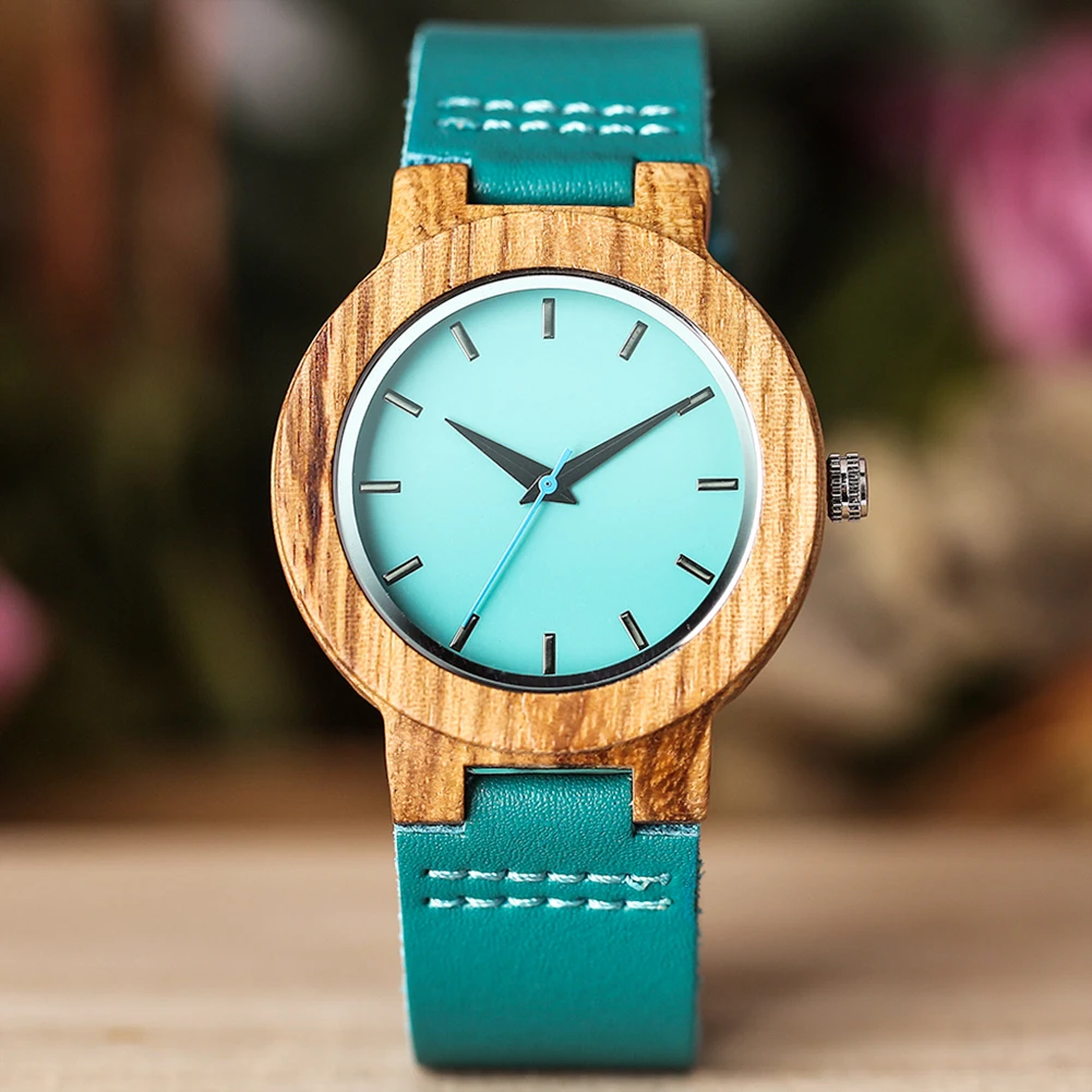 Minimalist Scale Blue Dial Quartz Wood Watches for Men Women Couple Styles Genuine Leather Lover\'s Wristwatches Zebrawood Watch