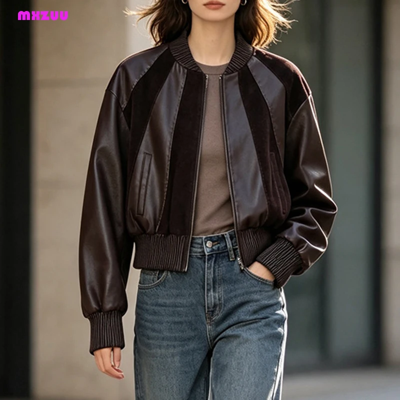 Real Leather Coat Ladies Stand-Up Collar Zipper Sheepskin Stitching Kid Suede American Retro Short Bomber Jackets Woman Chamarra