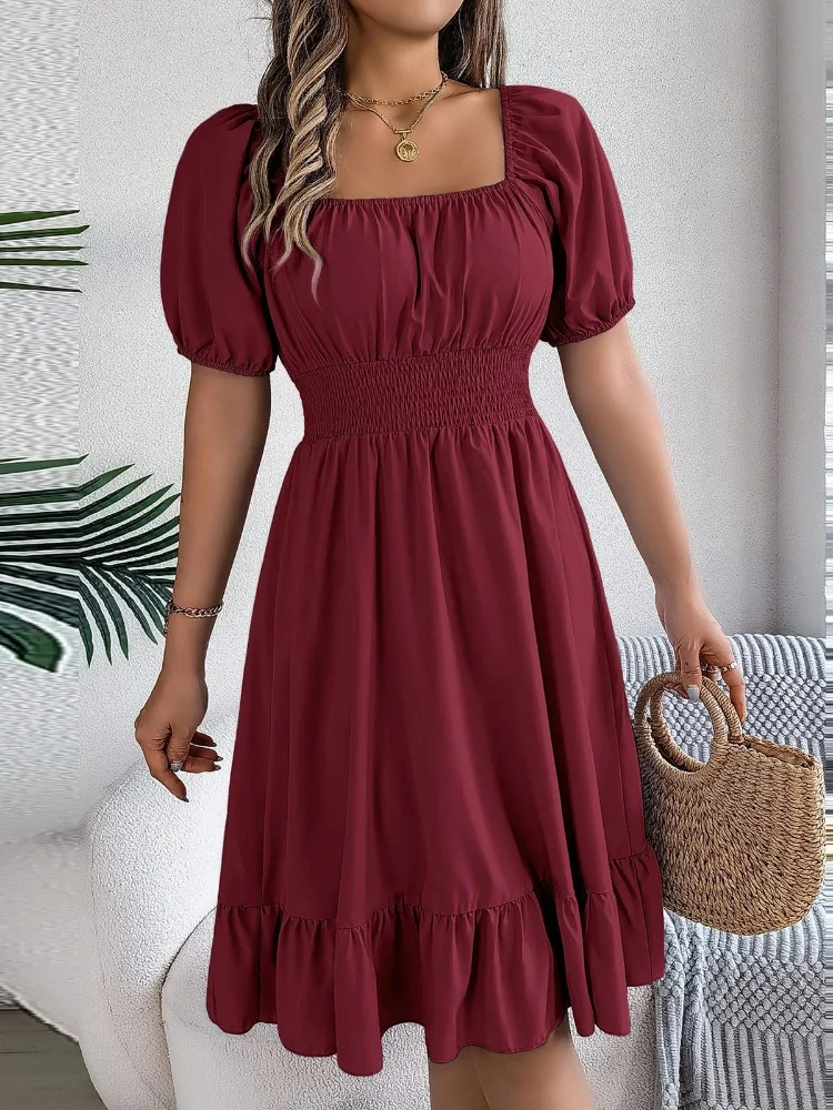 

Women Spring Summer Dress Square Neck Puff Sleeve A Line Robe Women's Elegant Dresses Tie Waist Ruched Casual Solid Long Dress