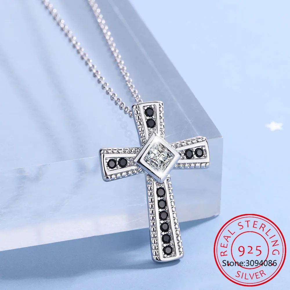 Natural Black Spinel 925 Sterling Silver Punk Cross Pendant Necklace for Women Gemstone Fine Jewelry Choker Colar de Prata