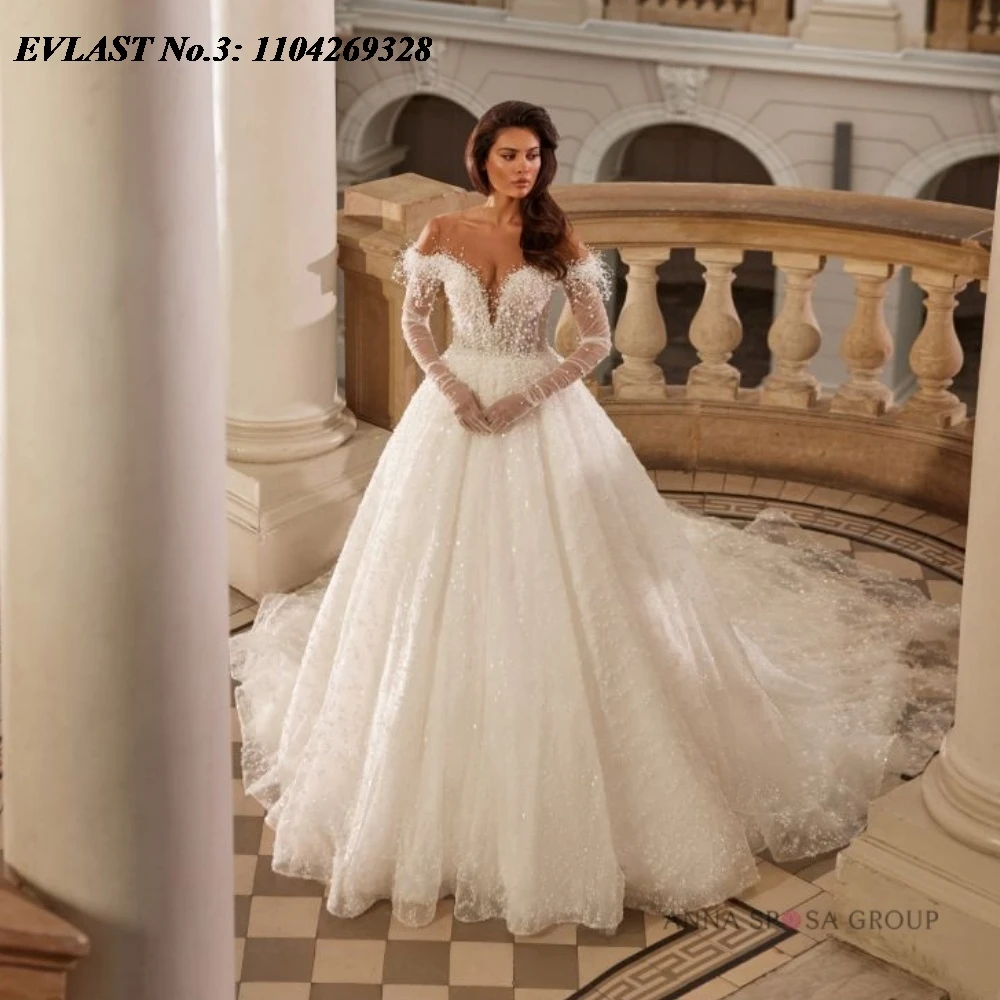 

EVLAST винтажное свадебное платье трапециевидной формы по индивидуальному заказу с длинным рукавом и кружевной аппликацией в форме сердца, свадебное платье с бисером, Vestidos De Novia E3WA48