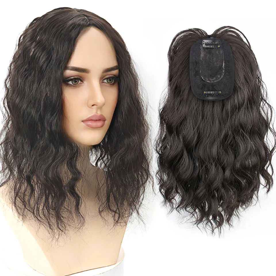 

Women 14Inch Wavy Hair Topper Synthetic Hair Piece Middle-part Clip in Hair Extensions Increase Hair Volume Cover White Hair