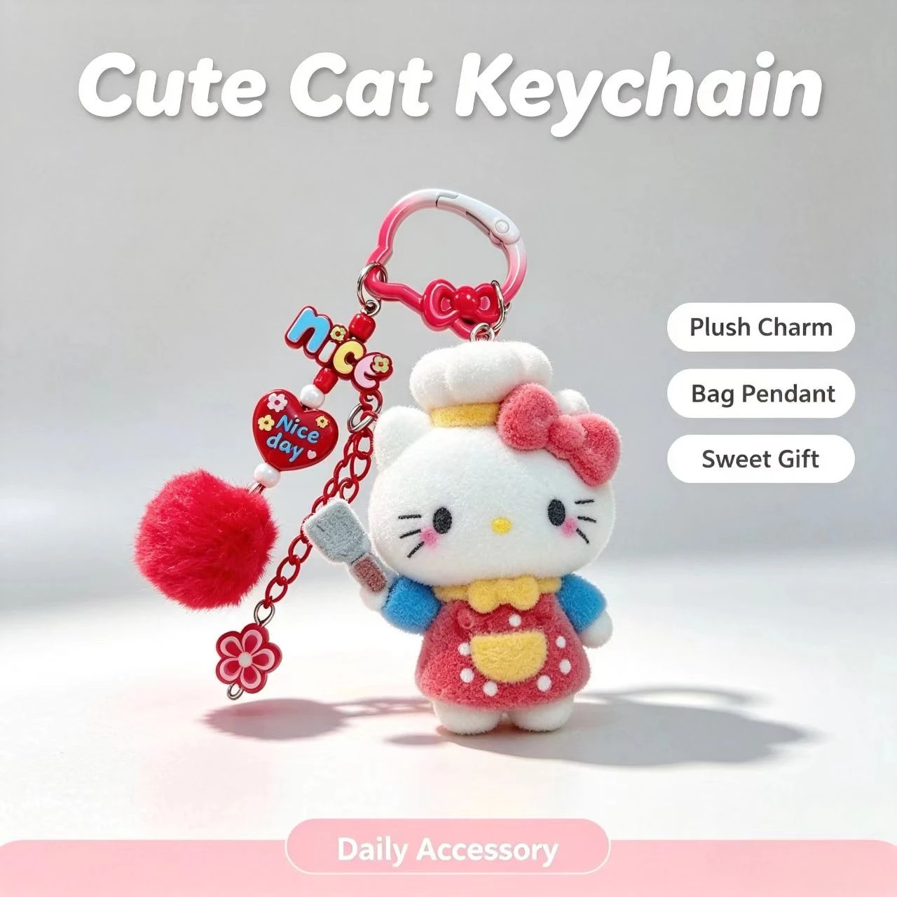 Fashion Flocked Cat Keychain Cute Chef Figurine Bag Accessory Pompom Pendant Women Fashion Key Ring Gift