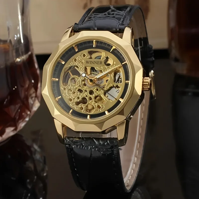 Top-Class Luxury Business Men's Mechanical Watch, Skeleton Design, Leather Strap, Fashionable Casual and Stylish Men's Watch, European, American, Japanese, and Korean Style Fashion Accessory, the First Choice for Gift-Giving