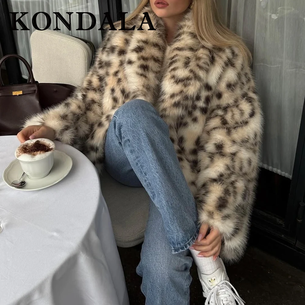 KONDALA Chic Winter Furry Leopard Faux Fur Warm Party Women Jacket Luxurious Fashion 2025 Outwear Night Party Elegant Noble Coat