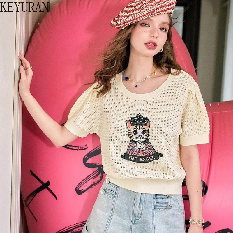 Summer Animal Embroidery Bubble Short Sleeve Hollow Out Sweater Women Ice Silk Knit T-shirt Vintage O-neck Slim Knitwear Tops