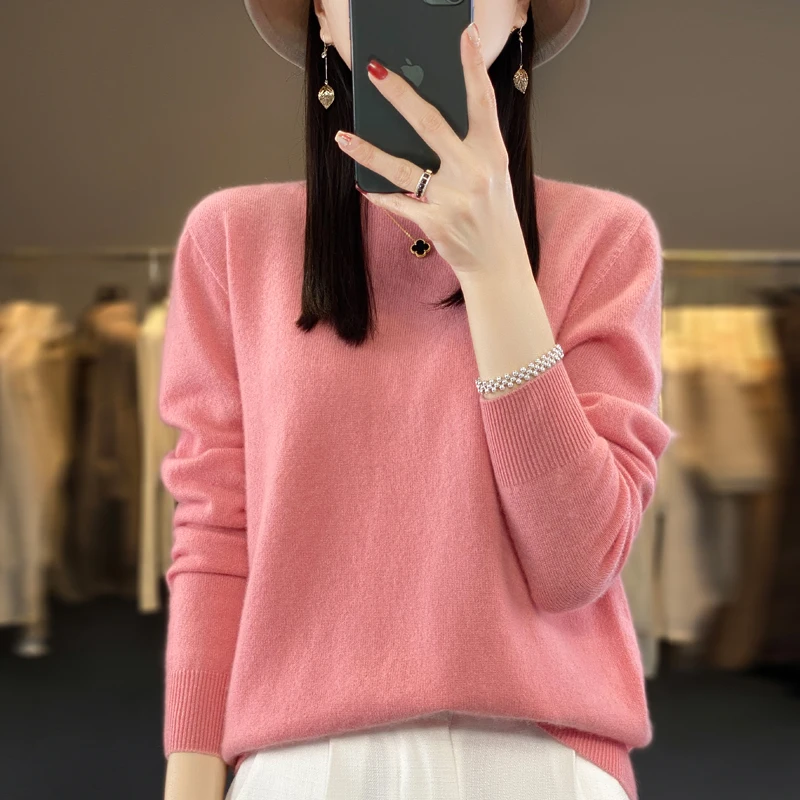 

Solid color Merino sheep autumn-winter new cashmere sweater women's O-neck pullover warm bottom knit shirt top