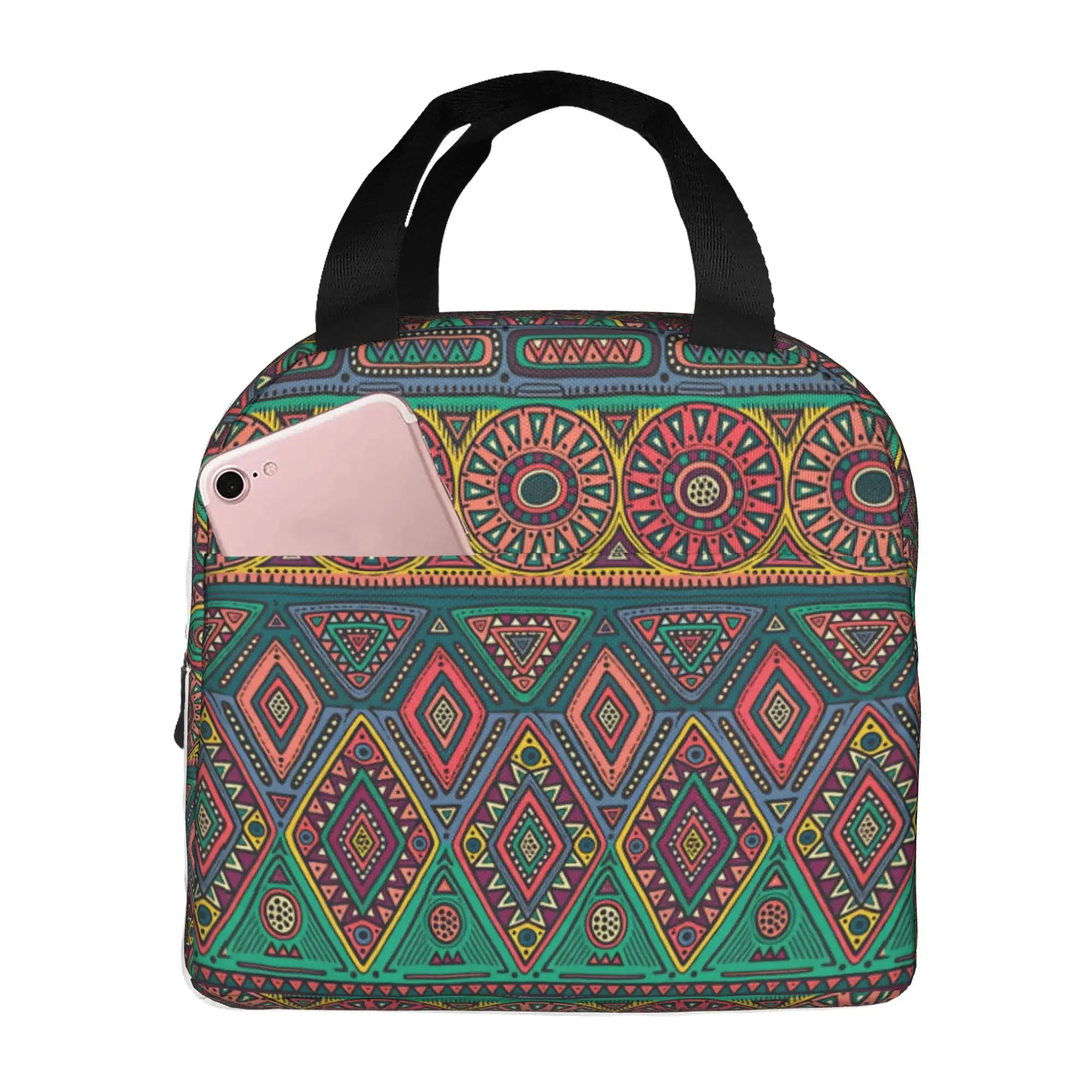 African Tribal Style Bohemian Ethnic Thermal Insulated Lunch Bags Geometric Resuable Lunch Tote for Multifunction Food Box